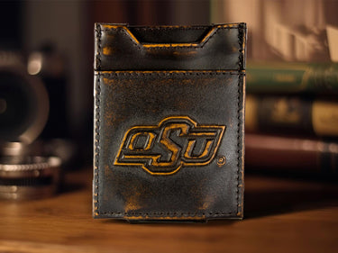 Oklahoma State Cowboys Men's Collegiate Magnetic Front Pocket Leather Wallet. Brown Burnished Full Grain Finish With Debossed Logo