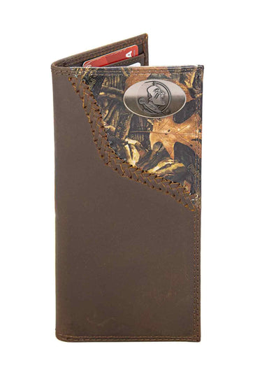 FSU Seminoles Camo Corner Leather Wallet – Bifold, Trifold or Tall Roper – Silver Emblem Gift.