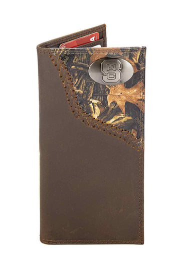North Carolina State Wolfpack Camo Corner Leather Wallet – Bifold, Trifold or Tall Roper – Silver Emblem Gift.
