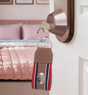 Ohio State Buckeyes Collegiate Grosgrain Ribbon Key Chain with Leather Accent and Silver Emblem.