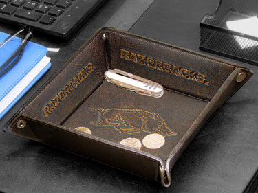 Arkansas Razorbacks Men's Collegiate Valet Tray, Catch-all, Desk Organizer, Nightstand Tray. Brown Burnished Full Grain Leather Finish.