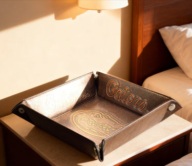 Florida Gators Men's Collegiate Valet Tray, Catch-all, Desk Organizer, Nightstand Tray. Brown Burnished Full Grain Leather Finish.