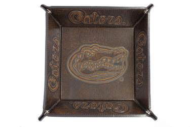 Florida Gators Men's Collegiate Valet Tray, Catch-all, Desk Organizer, Nightstand Tray. Brown Burnished Full Grain Leather Finish.