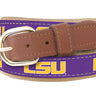 Youth Size LSU Tigers Collegiate Woven Ribbon Belt. Tan Full Grain Leather Tabs. Boys Size Tigers Belt. Kids LSU Ribbon Belt.