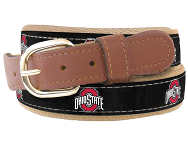 Youth Size Ohio State Buckeyes Collegiate Woven Ribbon Belt. Tan Full Grain Leather Tabs. Boys Size Buckeyes Belt. Kids OSU Ribbon Belt.