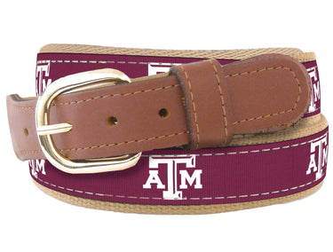 Youth Size Texas A&M Aggies Collegiate Woven Ribbon Belt. Tan Full Grain Leather Tabs. Boys Size Aggies Belt. Kids TAMU Ribbon Belt.
