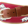 Youth Size Arkansas Razorbacks Collegiate Woven Ribbon Belt. Tan Full Grain Leather Tabs. Boys Size Razorbacks Belt. Kids ARK Ribbon Belt.