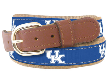 Youth Size Kentucky Wildcats Collegiate Woven Ribbon Belt. Tan Full Grain Leather Tabs. Boys Size Wildcats Belt. Kids UK Ribbon Belt.