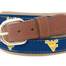 Youth Size West Virginia Mountaineers Tigers Collegiate Woven Ribbon Belt. Tan Full Grain Leather Tabs. Boys Size WVU Belt. Kids WVU Belt.