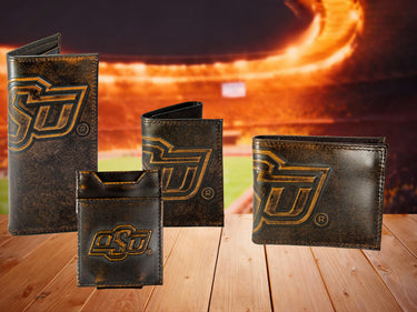 Oklahoma State Cowboys Men's Collegiate Bifold Leather Wallet. Brown Burnished Full Grain Finish With Large Debossed Logo