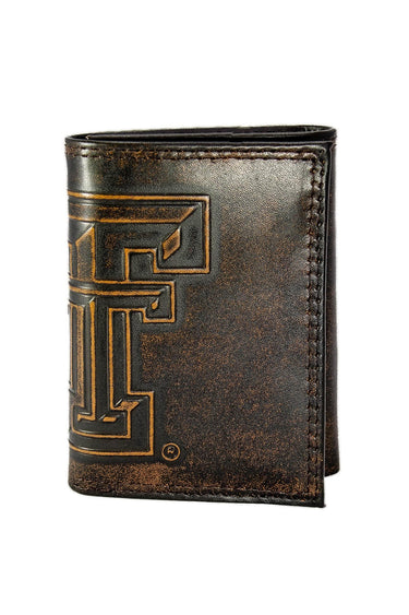 Texas Tech Red Raiders Men's Collegiate Trifold Leather Wallet. Brown Burnished Full Grain Finish With Large Debossed Logo