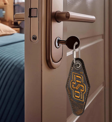 Oklahoma State Cowboys Collegiate Full Grain Leather Key Fob. Brown Burnished Embossed Keychain.