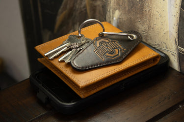 Ohio State Buckeyes Collegiate Full Grain Leather Key Fob. Brown Burnished Keychain.