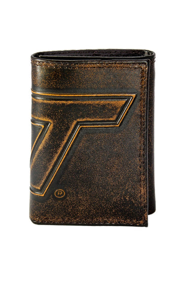 Virginia Tech Hokies Men's Collegiate Trifold Leather Wallet. Brown Burnished Full Grain Finish With Large Debossed Logo