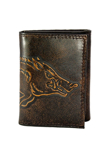 Arkansas Razorbacks Men's Collegiate Trifold Leather Wallet. Brown Burnished Full Grain Finish With Large Debossed Logo