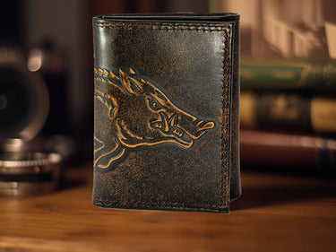 Arkansas Razorbacks Men's Collegiate Trifold Leather Wallet. Brown Burnished Full Grain Finish With Large Debossed Logo