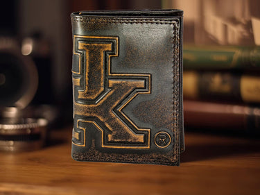 Kentucky Wildcats Men's Collegiate Trifold Leather Wallet. Brown Burnished Full Grain Finish With Large Debossed Logo