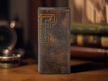 Texas Tech Red Raiders Men's Collegiate Secretary Leather Wallet. Brown Burnished Full Grain Finish With Large Debossed Logo
