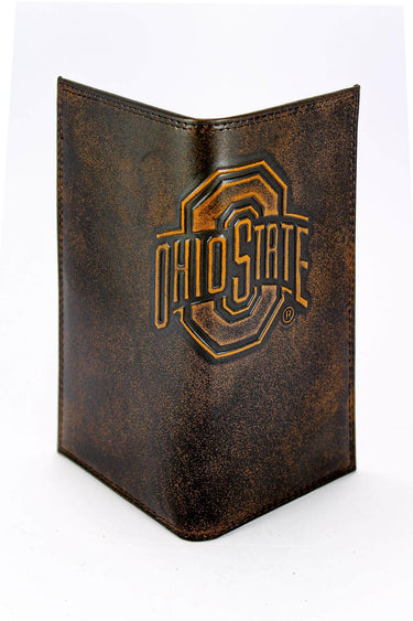 Ohio State Buckeyes Men's Collegiate Secretary Leather Wallet. Brown Burnished Full Grain Finish With Large Debossed Logo