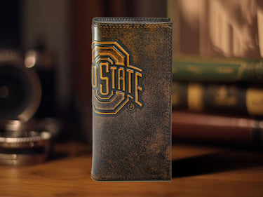 Ohio State Buckeyes Men's Collegiate Secretary Leather Wallet. Brown Burnished Full Grain Finish With Large Debossed Logo