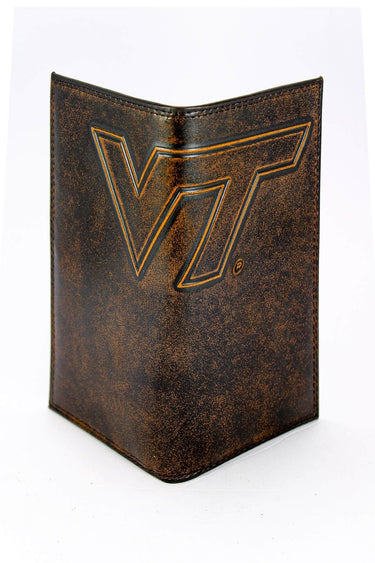 Virginia Tech Hokies Men's Collegiate Secretary Leather Wallet. Brown Burnished Full Grain Finish With Large Debossed Logo