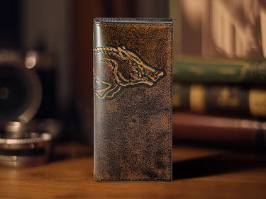 Arkansas Razorbacks Men's Collegiate Secretary Leather Wallet. Brown Burnished Full Grain Finish With Large Debossed Logo