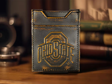 Ohio State Buckeyes Men's Collegiate Magnetic Front Pocket Leather Wallet. Brown Burnished Full Grain Finish With Debossed Logo
