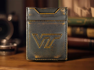 Virginia Tech Hokies Men's Collegiate Magnetic Front Pocket Leather Wallet. Brown Burnished Full Grain Finish With Debossed Logo
