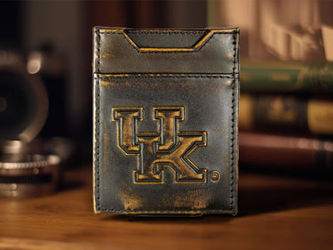 Kentucky Wildcats Men's Collegiate Magnetic Front Pocket Leather Wallet. Brown Burnished Full Grain Finish With Debossed Logo