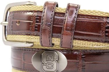 NC State Wolfpack Khaki Webbed Belt With Croc Leather Inlay | Collegiate Casual Game Day Belt