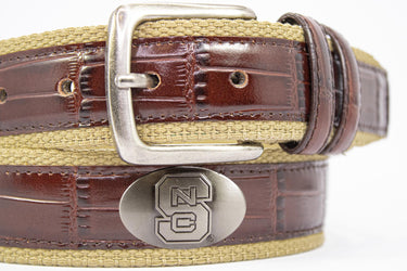 NC State Wolfpack Khaki Webbed Belt With Croc Leather Inlay | Collegiate Casual Game Day Belt