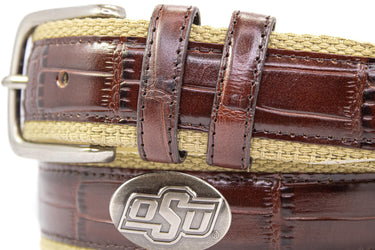 Oklahoma State Cowboys Khaki Webbed Belt With Croc Leather Inlay | Collegiate Casual Game Day Belt