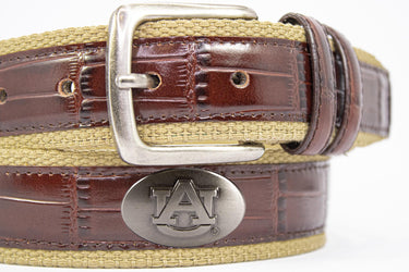 Auburn Tigers Khaki Webbed Belt With Croc Leather Inlay | Collegiate Casual Game Day Belt