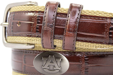 Auburn Tigers Khaki Webbed Belt With Croc Leather Inlay | Collegiate Casual Game Day Belt