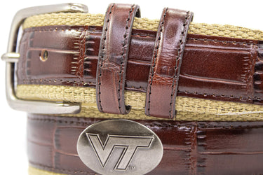 Virginia Tech Hokies Khaki Webbed Belt With Croc Leather Inlay | Collegiate Casual Game Day Belt