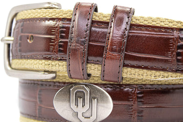 Oklahoma Sooners Khaki Webbed Belt With Croc Leather Inlay | Collegiate Casual Game Day Belt