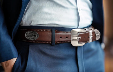 Florida Gators Men's Collegiate Brown Braided Leather Belt. Metal Emblem Conchos.