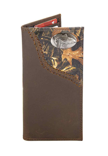 Redfish Camo Corner Leather Wallet – Bifold, Trifold or Tall Roper – Outdoorsman Gift.
