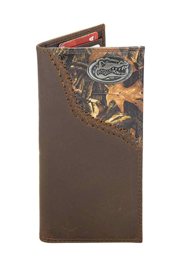 Florida Gators Camo Corner Leather Wallet – Bifold, Trifold or Tall Roper – Silver Emblem Gift.