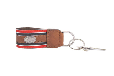Georgia Bulldogs Collegiate Grosgrain Ribbon Key Chain with Leather Accent and Silver Emblem.