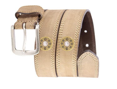 Shotshell Men's Leather Belt - Crazy-horse Finish With Silver Metal Emblem - Outdoor Rugged Belt.