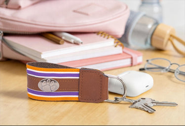 Clemson Tigers Collegiate Grosgrain Ribbon Key Chain with Leather Accent and Silver Emblem.