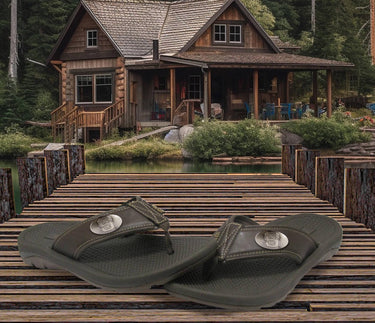 NC State Wolfpack Men's Collegiate Flip Flop Sandal. Brown Straps With Metal Concho Logo. Cushioned Insole and Non-skid Outsole.