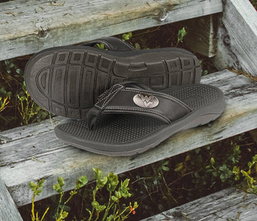West Virginia Mountaineers Men's Collegiate Flip Flop Sandal. Brown Straps With Metal Concho Logo. Cushioned Insole and Non-skid Outsole.