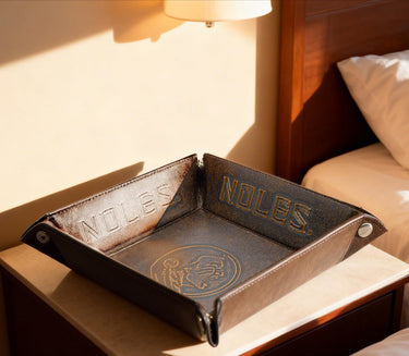 FSU Seminoles Men's Collegiate Valet Tray, Catch-all, Desk Organizer, Nightstand Tray. Brown Burnished Full Grain Leather Finish.