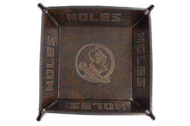 FSU Seminoles Men's Collegiate Valet Tray, Catch-all, Desk Organizer, Nightstand Tray. Brown Burnished Full Grain Leather Finish.