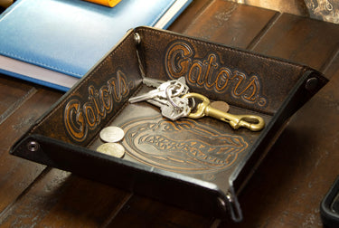 Florida Gators Men's Collegiate Valet Tray, Catch-all, Desk Organizer, Nightstand Tray. Brown Burnished Full Grain Leather Finish.