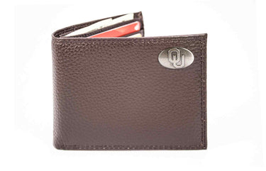 Oklahoma Sooners Pebble Grain Leather Wallet – Bifold, Trifold, Tall Roper & Slim Front Pocket – Black or Brown – Executive Style