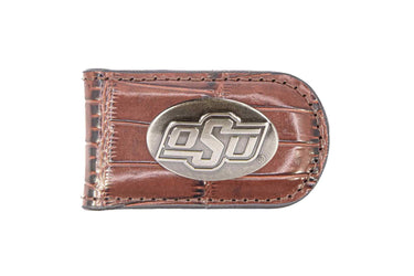 Oklahoma State Cowboys Leather Magnetic Money Clip Wallet - Silver Emblem Fan Gift - 6 Colors