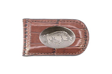 Arkansas Razorbacks Leather Magnetic Money Clip Wallet - Silver Emblem Fan Gift - 6 Colors